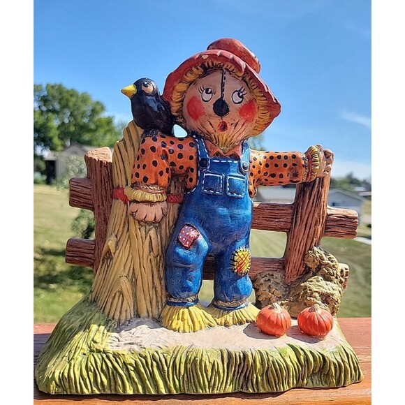 VTG  Ceramic Scarecrow Figure Duncan Enterprises 1980 Black Crow Pumpkins Fall - Picture 2 of 11